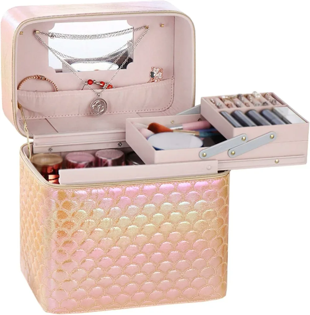กล่องแต่งหน้า กล่องเครื่องสำอางสีเหลือง 27 x 18 x 19 ซม. ความจุขนาดใหญ่พร้อมกระจก กล่องเก็บเครื่องสำอางมีสไตล์ระดับมืออาชีพพร้อมที่จับ กล่องเครื่องสำอางมัลติฟังก์ชั่น อุปกรณ์น่ารัก การเดินทางเพื่อธุรกิจ กระเป๋าเดินทาง สะดวก ประเภท 3 ชั้น