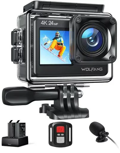 WOLFANG GA200 アクションカメラ 【マイク付き】4K 24MP 防水40M デュアルスクリーンカメラ EIS手振れ補正 WiFi調整可能な広角 Vlogカメラ (充電器、2つのバッテリー、リモコンとアクセサリーキット)