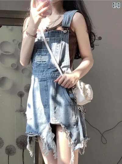サロペット デニム ショート丈 パンツ レディース オーバーオール つなぎ ダメージ オールインワン レトロ サスペンダー ハイウエスト ワイドレッグ 小柄 ブルー