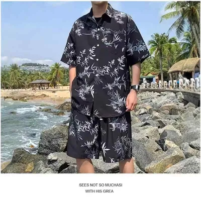 セットアップ メンズ 半袖 シャツ 花柄 ショートパンツ 速乾 接触冷感 ゆったり ルーズフィット ポリエステル素材 ビーチ リゾート ハワイアン カジュアル 大人リラックススタイル 白 黒