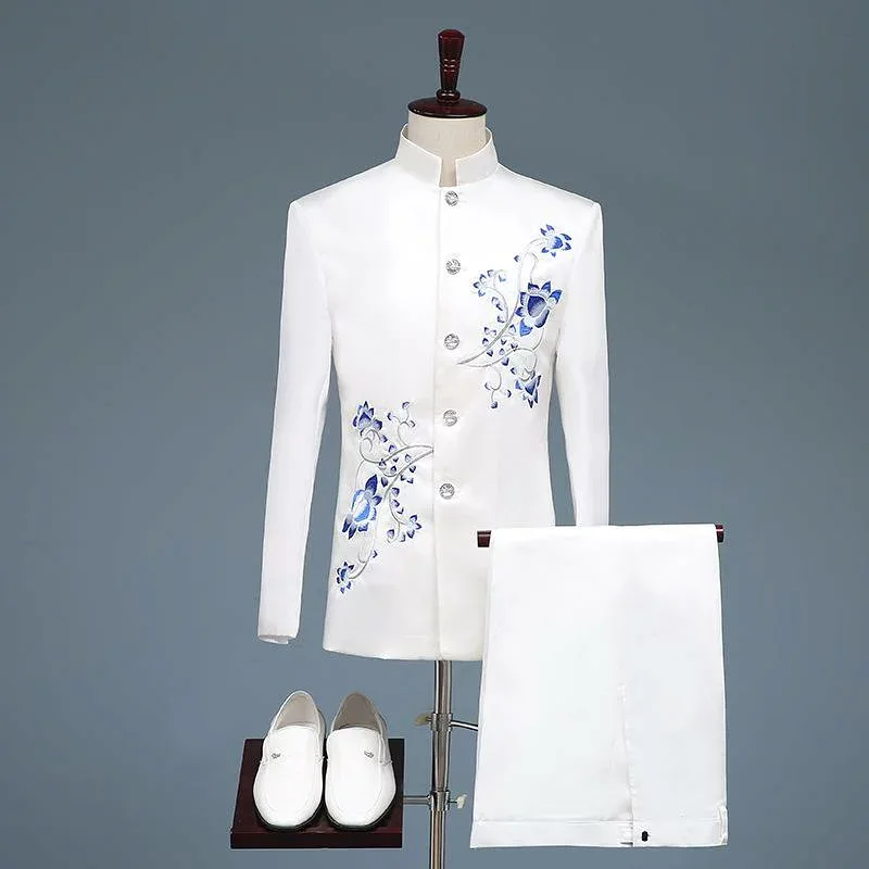 スーツ セットアップ メンズ 男性用 チャイナ風 中山服スタイル 青花磁器柄 オリエンタル柄 結婚式 披露宴 パーティー 司会者 ステージ衣装 発表会 合唱 演奏会 フォーマル イベント ホワイト 白 ポリエステル素材