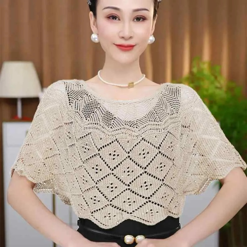 ニットプルオーバー レディース 薄手 軽やか 接触冷感 透かし編み ショール風 カバーアップ UVカット 冷房対策 着回し ポリエステル トップス アプリコット モカ ホワイト イエロー ワインレッド ブラック ネイビー