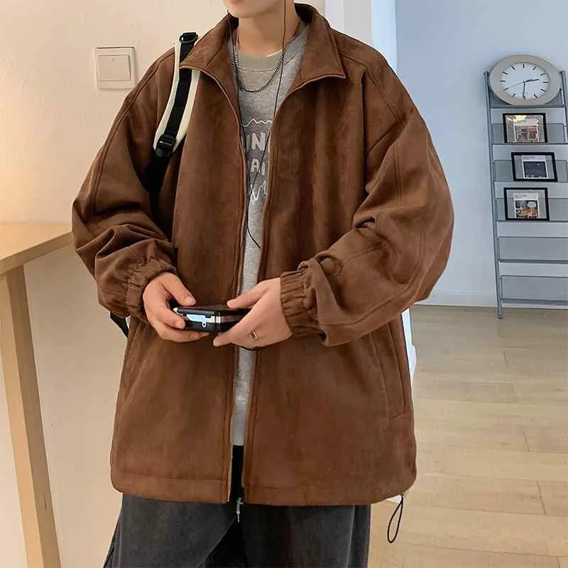 ジャケット メンズ 男性用 スエード調 フェイクスエード 防風 ポリエステル ゆったり ルーズフィット カジュアル 春 秋 ノーカラー 長袖 ジップアップ アウター トップス ブラック ダークグレー ライトグレー ブラウン コーヒー