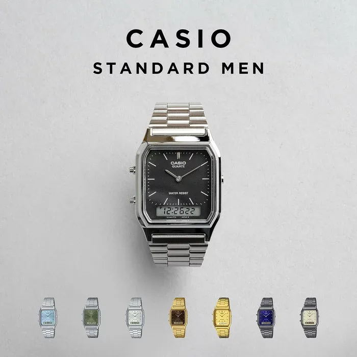 【10年保証】CASIO STANDARD MEN カシオ スタンダードAQ-230A腕時計 時計 ブランド メンズ レディース キッズ 子供 男の子 女の子 チープカシオ チプカシ アナデジ 日付 角型 薄型 軽量 高級感 高見え 銀 金 ガンメタ メタル メッシュ 海外モデル ギフト プレゼント