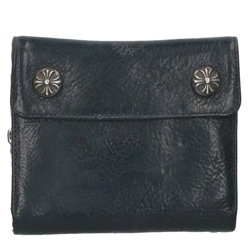 クロムハーツ Chrome Hearts BIG SPOON ビッグスプーン クロスボタンレザー財布(ブラック×シルバー)【501062】【OS06】【小物】【中古】bb359#rinkan*B