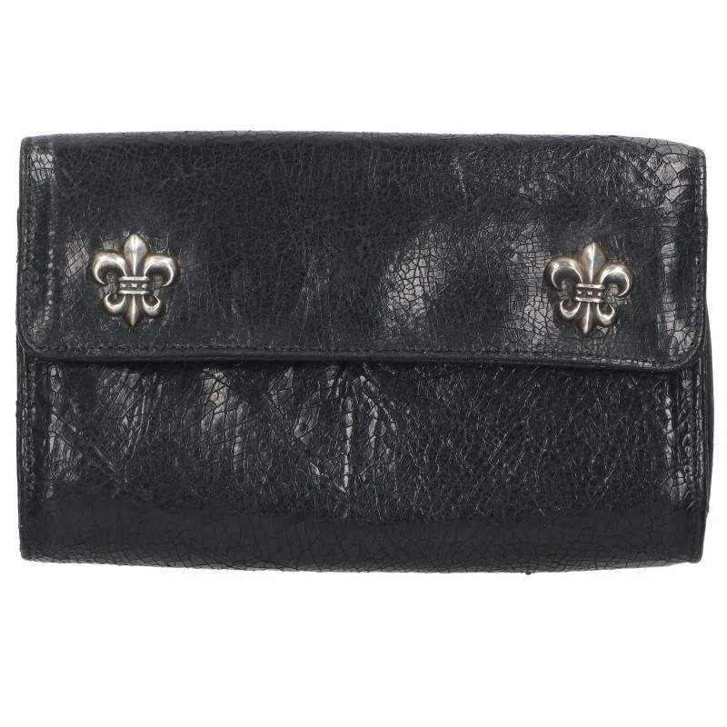 クロムハーツ Chrome Hearts WAVE4 BSフレアボタンレザーウォレット財布(ブラック)【807062】【NO05】【小物】【中古】bb349#rinkan*B