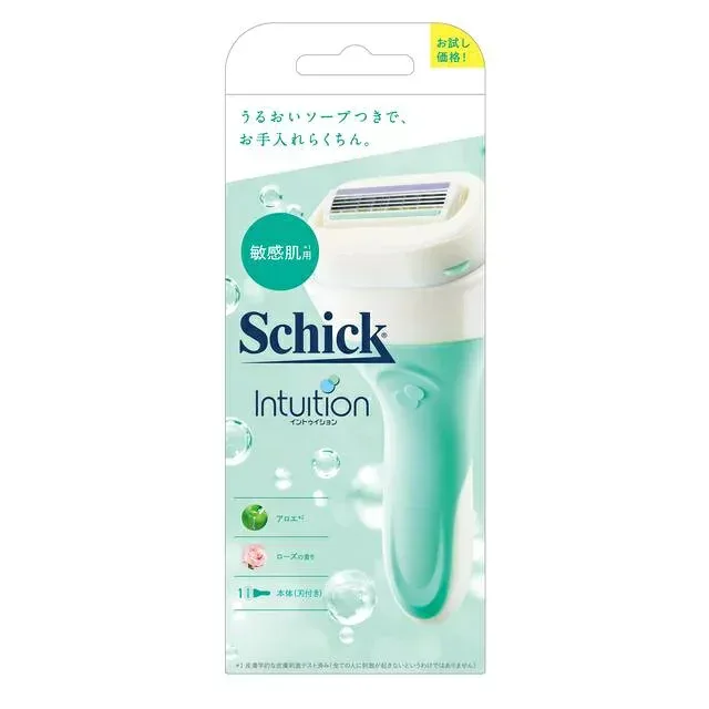 シック イントゥイション 敏感肌用 ホルダー 本体 刃付き お試し用 4枚刃 カミソリ ボディケア 剃刀 モイスチュアソープ ムダ毛 女性 schick セーフティワイヤー 肌負担軽減 肌に優しい 肌ケア 全肌質 ツルツル スッキリ しっとり 潤い 綺麗 美肌 清潔 ビタミンE ビタミンB5