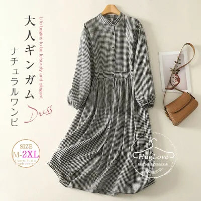 シャツワンピース レディース 長袖 ロングワンピース ギンガムチェック ワンピース 綿混 ハイネックワンピース キレイめ ロングワンピ ミモレ丈 Aライン ゆったり 体型カバー カジュアル 森ガール 着痩せ 大人可愛い ナチュラル 春 秋 冬 送料無料