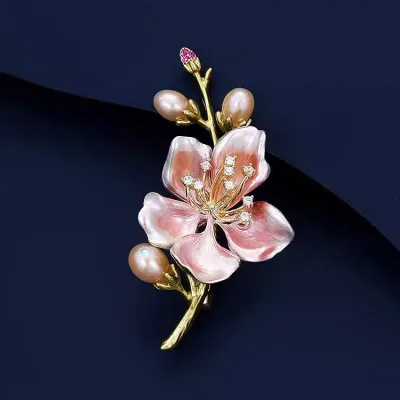 レディース ブローチ 桃の花 モチーフ パール 装飾 繊細 高級感 個性的 フォーマル アクセサリー 胸花 ピン