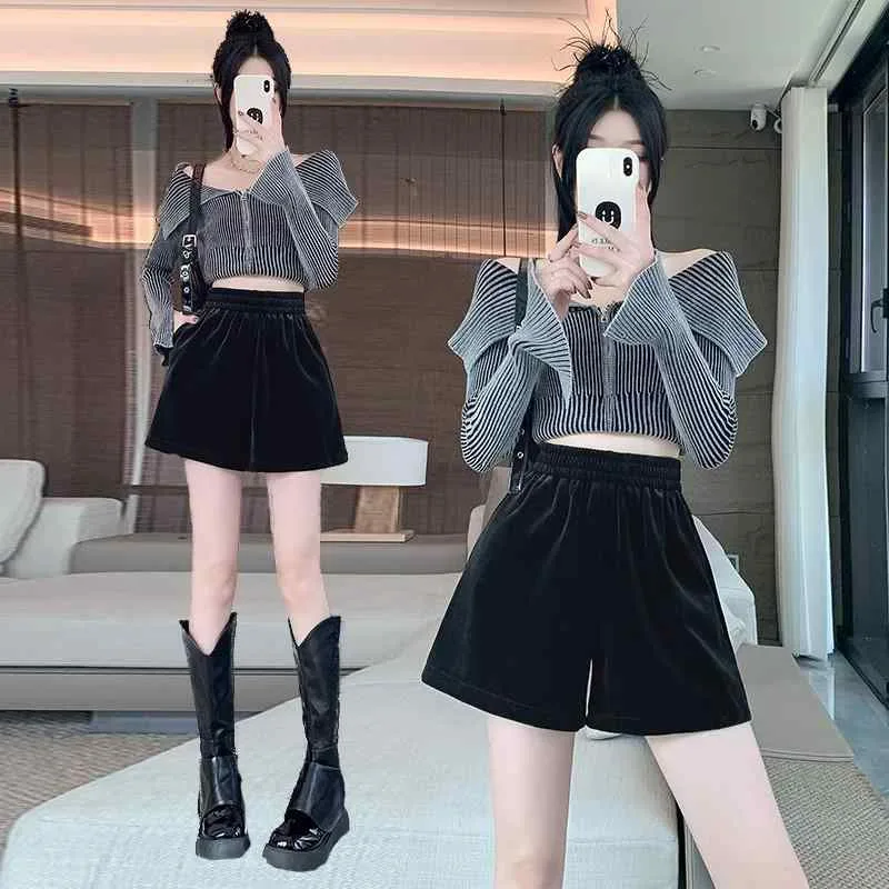 ショートパンツ レディース 秋冬 高腰 ベルベット ワイドパンツ ゆったり ウエストゴム 大きいサイズ 体型カバー 着痩せ 細見え プラスサイズ カジュアル 無地 美脚 脚長効果 ボトムス 普段使い お出かけ 伸縮性 防寒 暖かい 保温性 厚手 上品 高