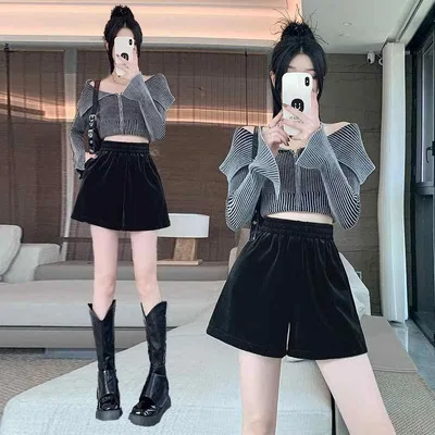 ショートパンツ レディース 秋冬 高腰 ベルベット ワイドパンツ ゆったり ウエストゴム 大きいサイズ 体型カバー 着痩せ 細見え プラスサイズ カジュアル 無地 美脚 脚長効果 ボトムス 普段使い お出かけ 伸縮性 防寒 暖かい 保温性 厚手 上品 高