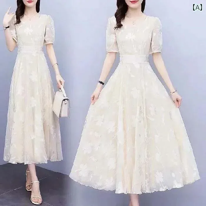 ワンピース レディース 夏 シフォン ロング フレアスカート パフスリーブ ウエストシェイプ スリムライン フレンチスタイル 軽量 エレガント スタイルアップ