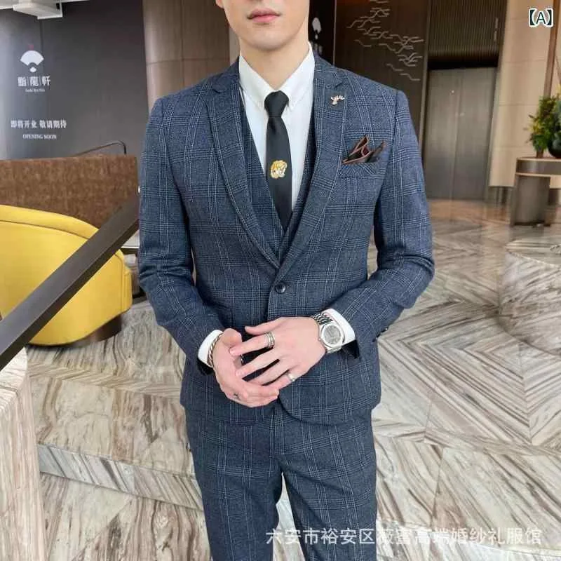 スーツ 男性用 ビジネス カジュアル セットアップ 3点セット スリーピース テーラードジャケット ベスト スラックス パンツ 冠婚葬祭 会議 宴会 韓国 スリムフィット スタイリッシュ フォーマル 上下セット ストレッチ性 高級感 紳士服 通勤 通学