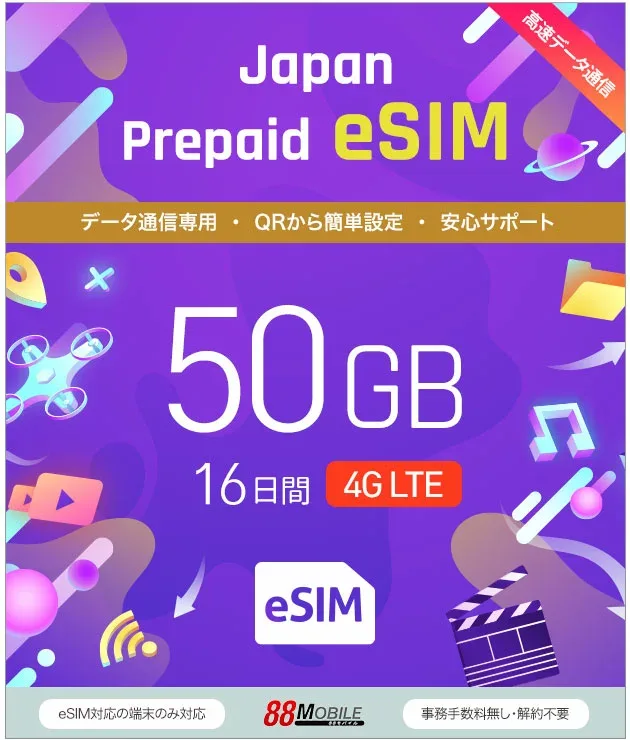 メール納品 eSIM 日本 国内 プリペイドSIM 50GB/16日 超過時、低速200kbpsのまま、期限内は使い続ける低速無制限 国内データ通信専用 NTTドコモ回線 (docomo 回線)