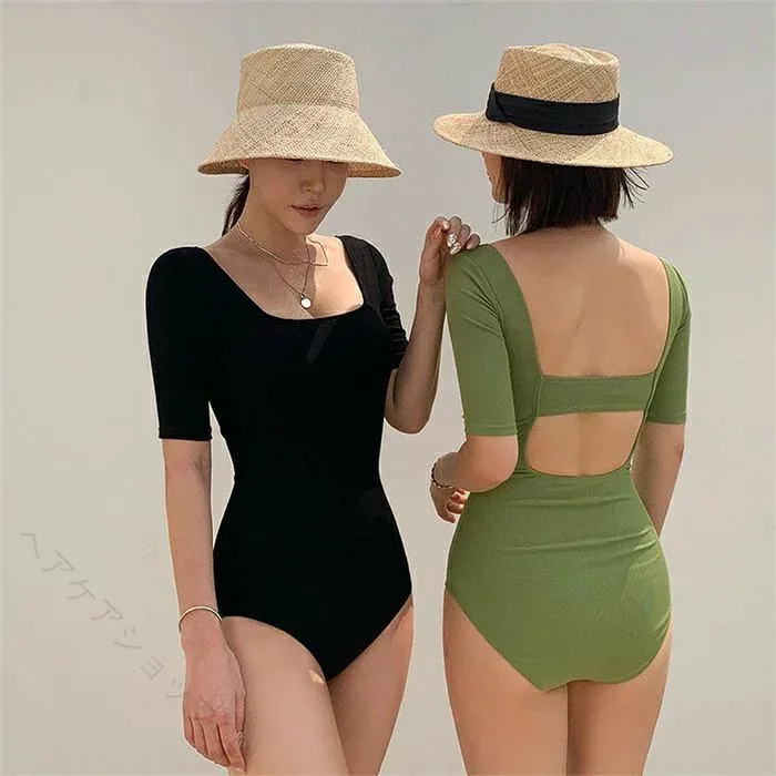 レディース水着 半袖 連体 夏海 可愛い ワンピース水着 無地 シンプル おしゃれ 人気 体型カバー ラッシュガード プール オールインワン タンキニ 水泳 スイミング ジム運動用 インナー