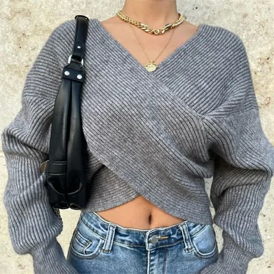 Loose Plain Ribbed Sexy Pullover Tops Rib Knit V Neck Long Sleeve Cut and Sewn Knit Sweater Autumn/Winter Women's Knit