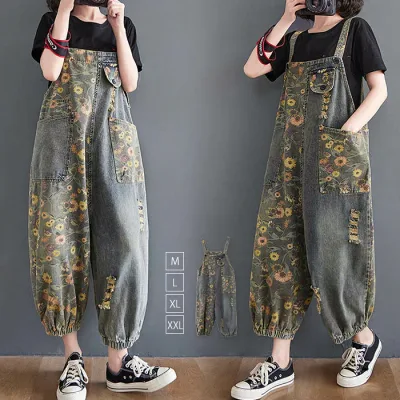 Denim Overalls Denim Women's All-in-One Wide Pants Floral Pattern Spring Autumn Denim Overalls Pants Long Adults Cute Large Size Loose Retro Bottoms Casual Wide Adults Casual Stylish Body Covering Slimming Overalls Pants Free Shipping