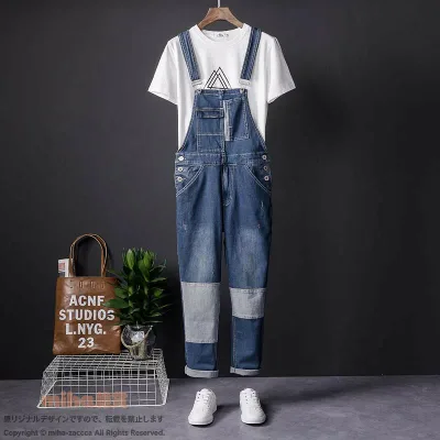 オーバーオール サロペット 作業着 アメリカン レトロ デニム 韓国 スリムフィット コントラスト カラー レディース メンズ ユニセックス