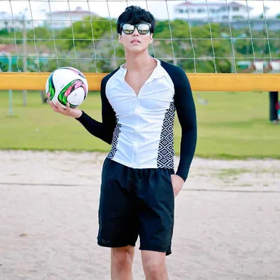 水着 メンズ 男性用 春夏 長袖 ラッシュガード ビーチウェア UVカット 速乾 ポリエステル スパンデックス 2点セット ブラック スポーツ 水泳 サーフィン アウトドア マリンスポーツ プール ジム