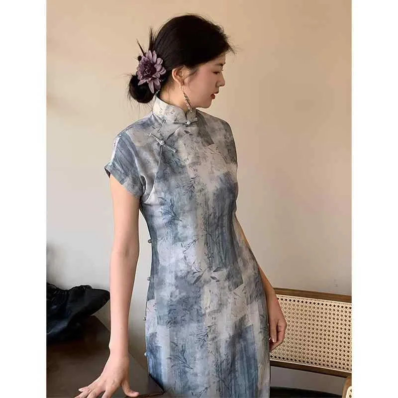 チャイナ ロングワンピース レディース 新中国風 普段使い テンセル麻素材 スタンドカラー 斜め襟 五分袖 ハイスリット エレガント レトロ クラシック 春夏