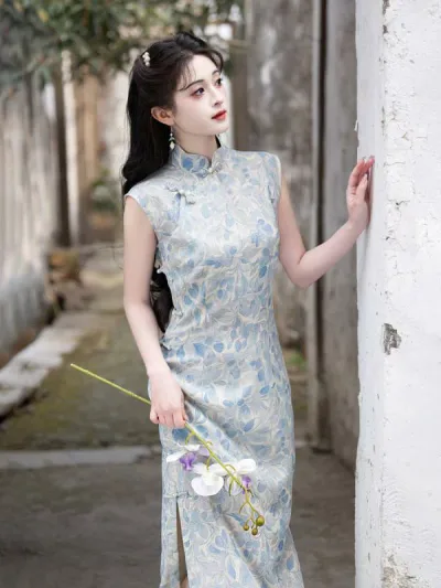 チャイナドレス レディース ブルー ノースリーブ ロング丈 春夏 スタンドカラー 斜め襟 ハイウエストスリット 新チャイナ風 民国風 テンセルコットン 普段使い レトロモダン