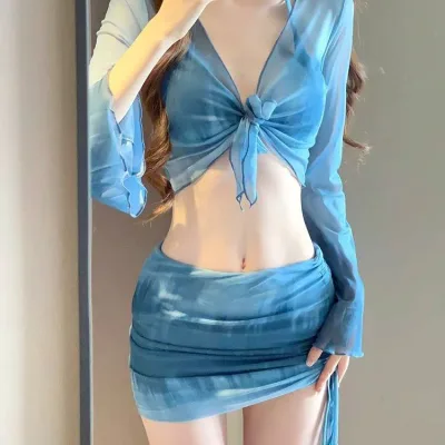 水着 レディース ビキニ セパレート 4点セット 体型カバー カップ付き ノンワイヤー 高級感 ナイロン 海 リゾート プール 温泉 旅行 三角パンツ ライトブルー ローズ ピンク系
