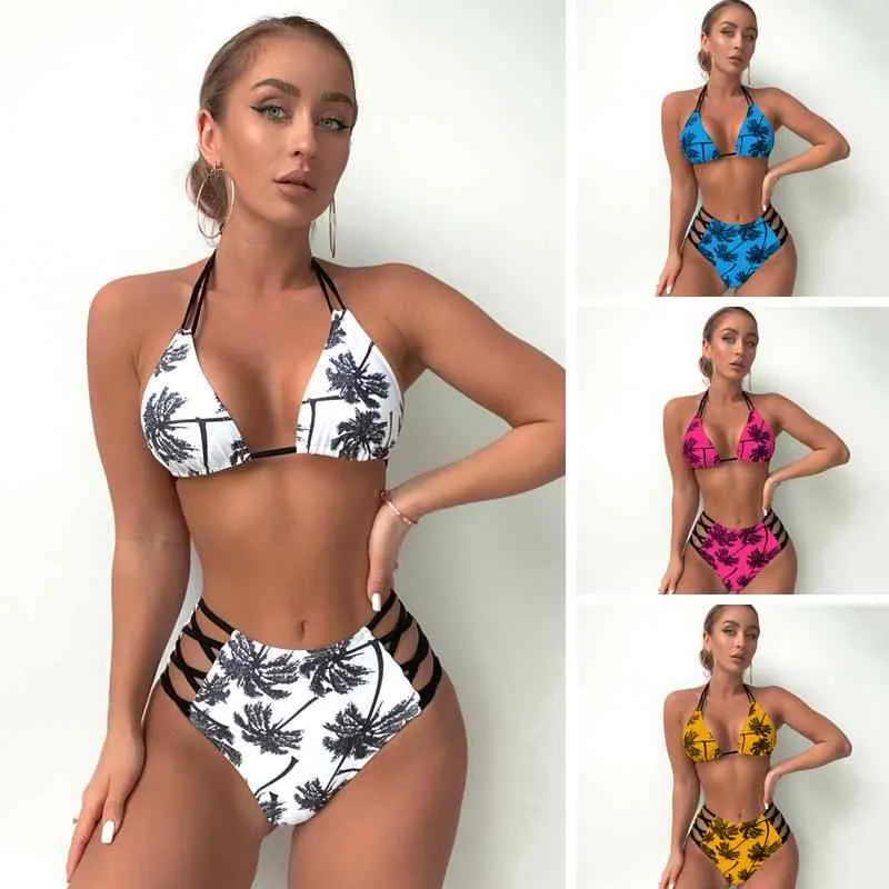 水着 レディース ビキニ ヤシの木柄 セクシー プッシュアップ ノンワイヤー パッド入り ストラップデザイン バックレス ビーチ リゾート 海外デザイン