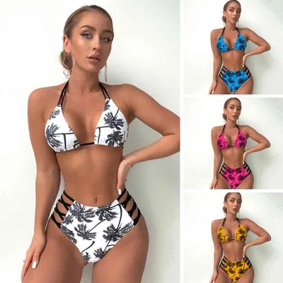水着 レディース ビキニ ヤシの木柄 セクシー プッシュアップ ノンワイヤー パッド入り ストラップデザイン バックレス ビーチ リゾート 海外デザイン