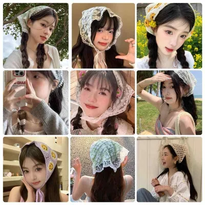 ヘッドアクセサリー レディース フレンチスタイル カントリー風 白 レース 布製 三角巾 バンダナ ヘッドスカーフ 花柄 かわいい 普段使い 春夏