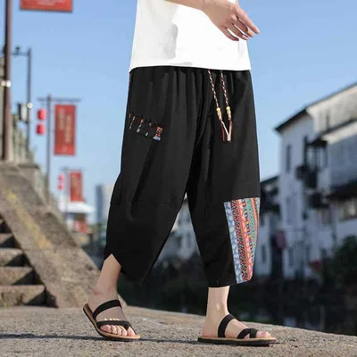 パンツ メンズ 男性用 春夏 綿麻 コットンリネン 薄手 軽量 通気性 ゆったり リラックスフィット ワイドパンツ ガウチョパンツ サルエル ドロップクロッチ 7分丈 民族風 新中華風 カジュアル 普段使い 大きいサイズ