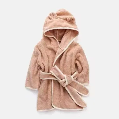 Bathrobe for Kids, Boys, Girls, Autumn/Winter, Large, Thick, Absorbent, Quick Drying, Hooded, Baby, After Bath, Pool, Swimming, Fluffy, Fluffy, Microfiber Gown, Camel Gray