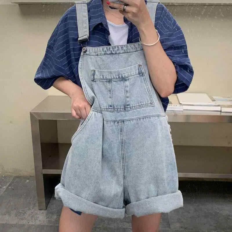 サロペット レディース デニム ワイドショートパンツ ゆったり ストレート 着痩せ効果 韓国風 レトロ ハイウエスト 切り替え ライトブルー 綿素材 微ストレッチ 普段使い カジュアル 春夏