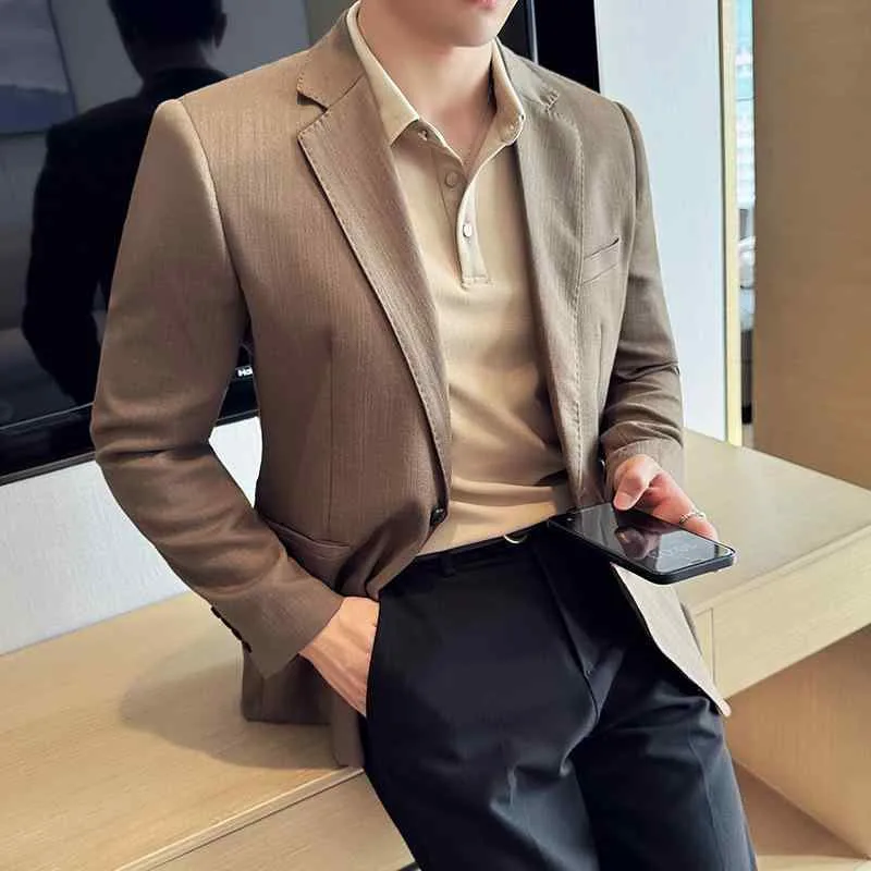 ジャケット メンズ 男性用 カジュアル スリムフィット 1つボタン 薄手 軽量 ノーアイロン 形態安定 上質 ポリエステル 通勤 ビジネス 普段使い 韓国風 夏 ブラック ブラウン アースカラー