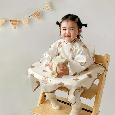 ベビー お食事エプロン 長袖 スモック 全身カバー 一体型 防水 防汚 赤ちゃん 子供 幼児 離乳食 保育園 幼稚園 通園 プレイウェア かわいい 動物柄 着脱簡単 丸洗い