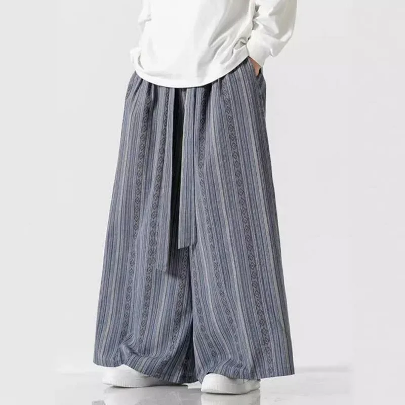 ワイドサルエルパンツ メンズ 大きいサイズ ゆったり 中国風 レトロ ストライプ 綿 カジュアル 春夏 普段使い ルームウェア グレー ブルー
