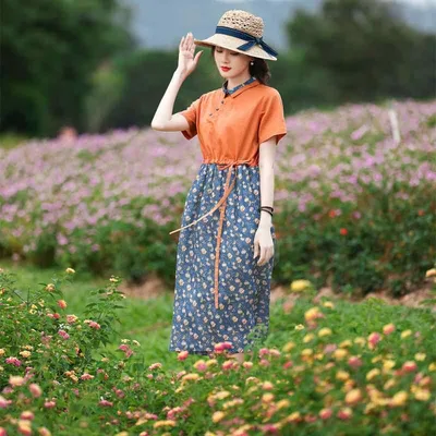 ワンピース レディース 春夏 ハイウエスト 綿麻 ラミー 半袖 小花柄プリント 切り替え Aライン ロング丈 襟付き レトロ ナチュラル オレンジ ブルー リゾート カジュアル