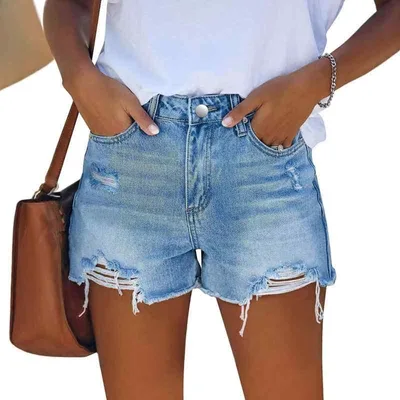 デニムショートパンツ レディース クラッシュ加工 ウォッシュ加工 スリムフィット ミドルライズ ストレート 春夏 ライトブルー 綿混 ストレッチ 切り替え カジュアル