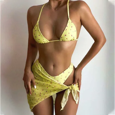 水着 レディース セクシー 欧米風 小花柄 ビキニ 3点セット ストラップ スカート パレオ 胸パッド付き ノンワイヤー ポリエステル キャンディカラー スイミング プール ビーチ リゾート 夏