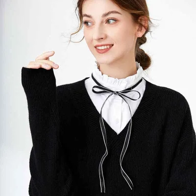 付け襟 レディース 女性用 フレンチスタイル フランス風 フリル リボン 蝶結び レース飾り シフォン素材 ホワイト 白 上品 エレガント きれいめ カジュアル オフィス 重ね着