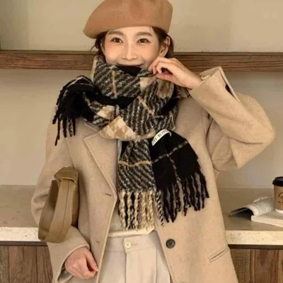ストール レディース 韓国風 高級感 上品 チェック柄 カシミヤタッチ フェイクカシミヤ フリンジ 大判 マフラー ショール あったか 防寒 やわらか 肌触り ふんわり ポリエステル 通勤 通学 普段使い きれいめ 秋冬