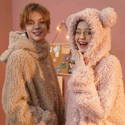 Roomwear Pajamas Women's Men's Pair Couple Autumn/Winter Warm Long Length Gown Bathrobe One Piece Loungewear Going Out Coral Fleece Fluffy Fluffy Thick
