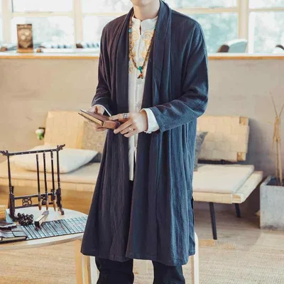 コート 男性用 中国風 漢服 伝統衣装 マント ポンチョ ウィンドブレーカー 綿麻 コットンリネン 無地 ソリッドカラー カジュアル リラックス ゆったり 大きいサイズ ビッグサイズ 通年 黒 紺