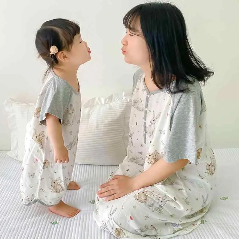 パジャマ ルームウェア 親子 ベビー キッズ ママ レディース 半袖 薄手 バンブーコットン 吸湿速乾 春夏 キャラクター柄 スリーパー ワンピース ネグリジェ