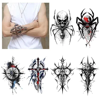 タトゥーシール メンズ 男性用 伝統 トーテム トライバル クモ スパイダー ドラゴン 竜 リアル 刺青風 水転写 使い捨て ワンタイム