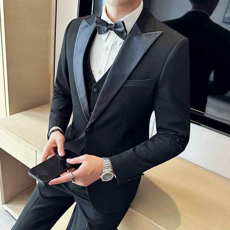 スーツ メンズ 男性用 結婚式 ブライダル フォーマル 礼服 スリーピース セットアップ 高品質 無地 ワンボタン シングル スリムフィット 細身 韓国風 ビジネス ピークドラペル コットンブレンド ビスコース混紡 ブラック