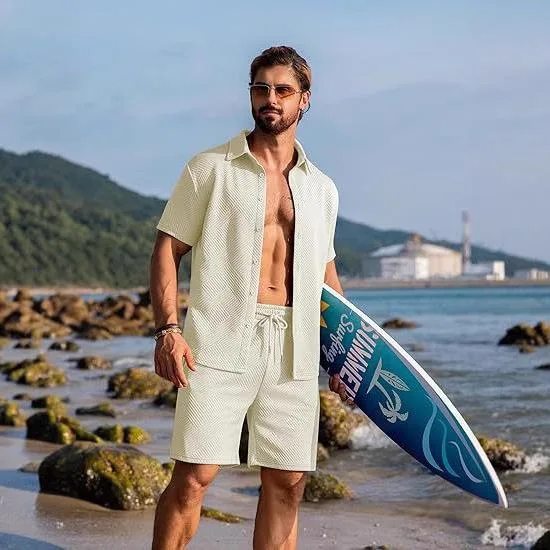 メンズ サマーニット 半袖 トップス ショートパンツ セットアップ 大人カジュアル ビーチ リゾート テクスチャー ポケット付き 綿混 ポリエステル