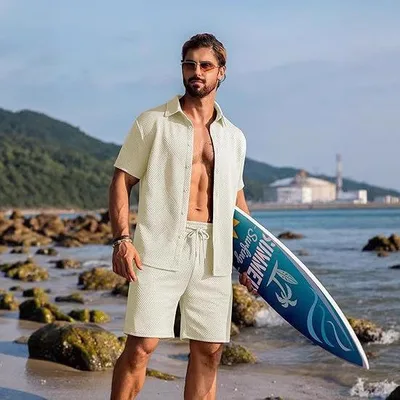メンズ サマーニット 半袖 トップス ショートパンツ セットアップ 大人カジュアル ビーチ リゾート テクスチャー ポケット付き 綿混 ポリエステル