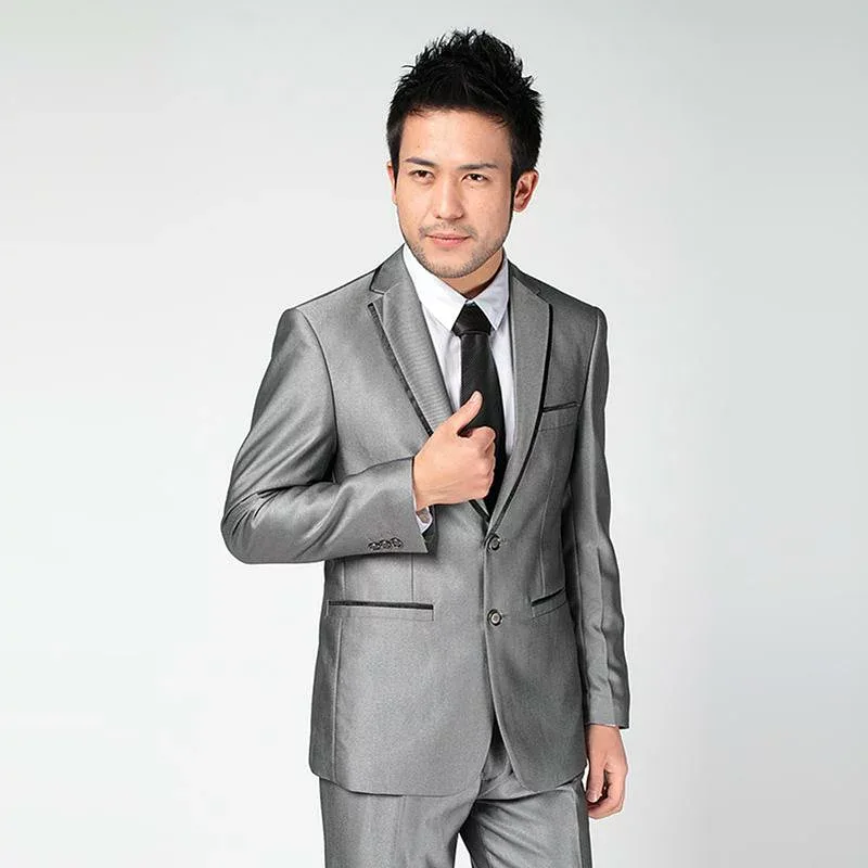 スーツ メンズ 男性用 シルバーグレー 2つボタン 韓国スタイル スリムフィット セットアップ 新郎 結婚式 礼服 フォーマル ビジネス ウール混 秋冬