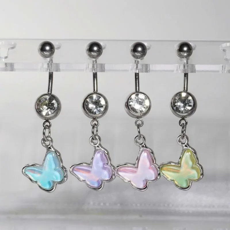 ヘソピアス レディース 女性用 蝶 バタフライ ステンレス サージカルステンレス ジルコニア 埋め込み ナベルリング 4色 ブルー ピンク パープル イエローグリーン 春夏