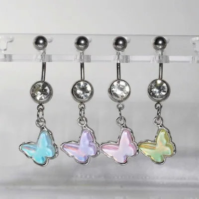 ヘソピアス レディース 女性用 蝶 バタフライ ステンレス サージカルステンレス ジルコニア 埋め込み ナベルリング 4色 ブルー ピンク パープル イエローグリーン 春夏